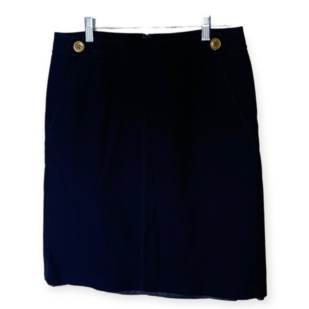 Talbots Blue Cotton Pencil Skirt Gold Buttons Lined Classic Preppy Size 10